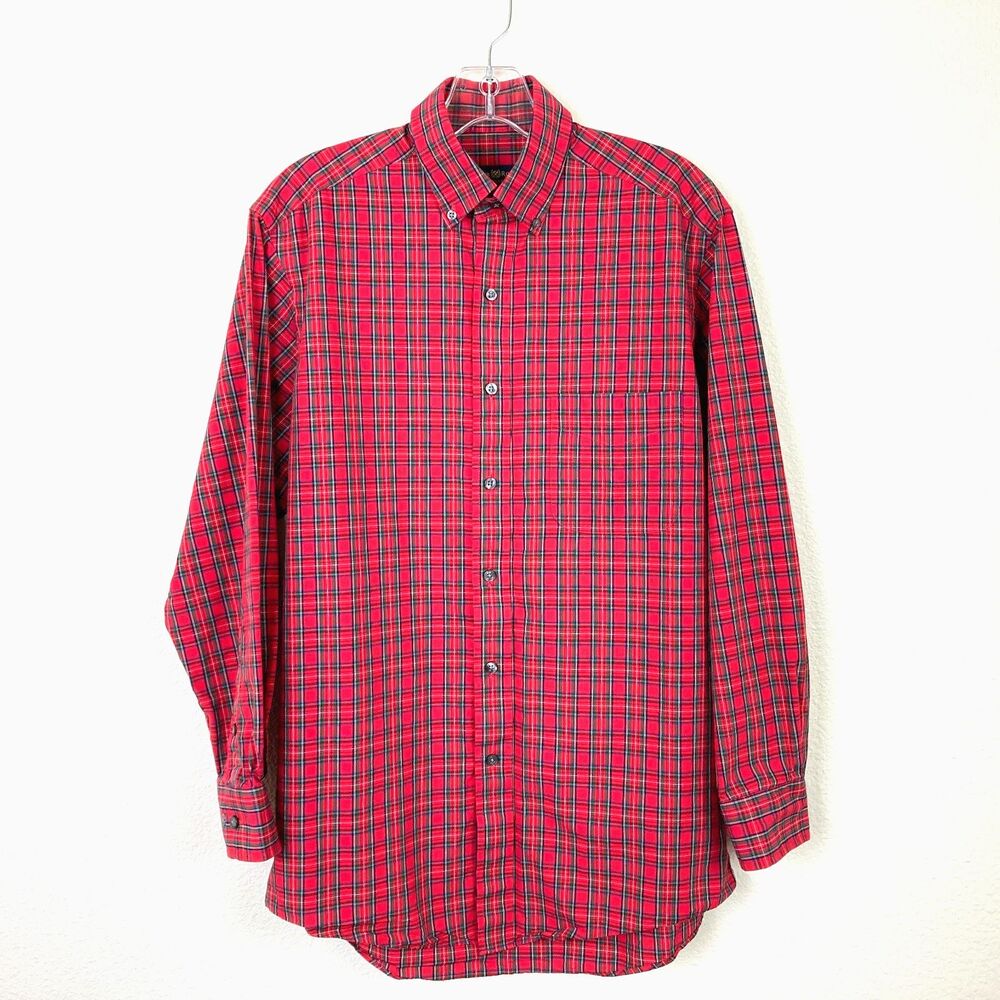 Club Room Men's Dress Shirt Size 14.5 Red Green Plaid Regular Fit Button Up